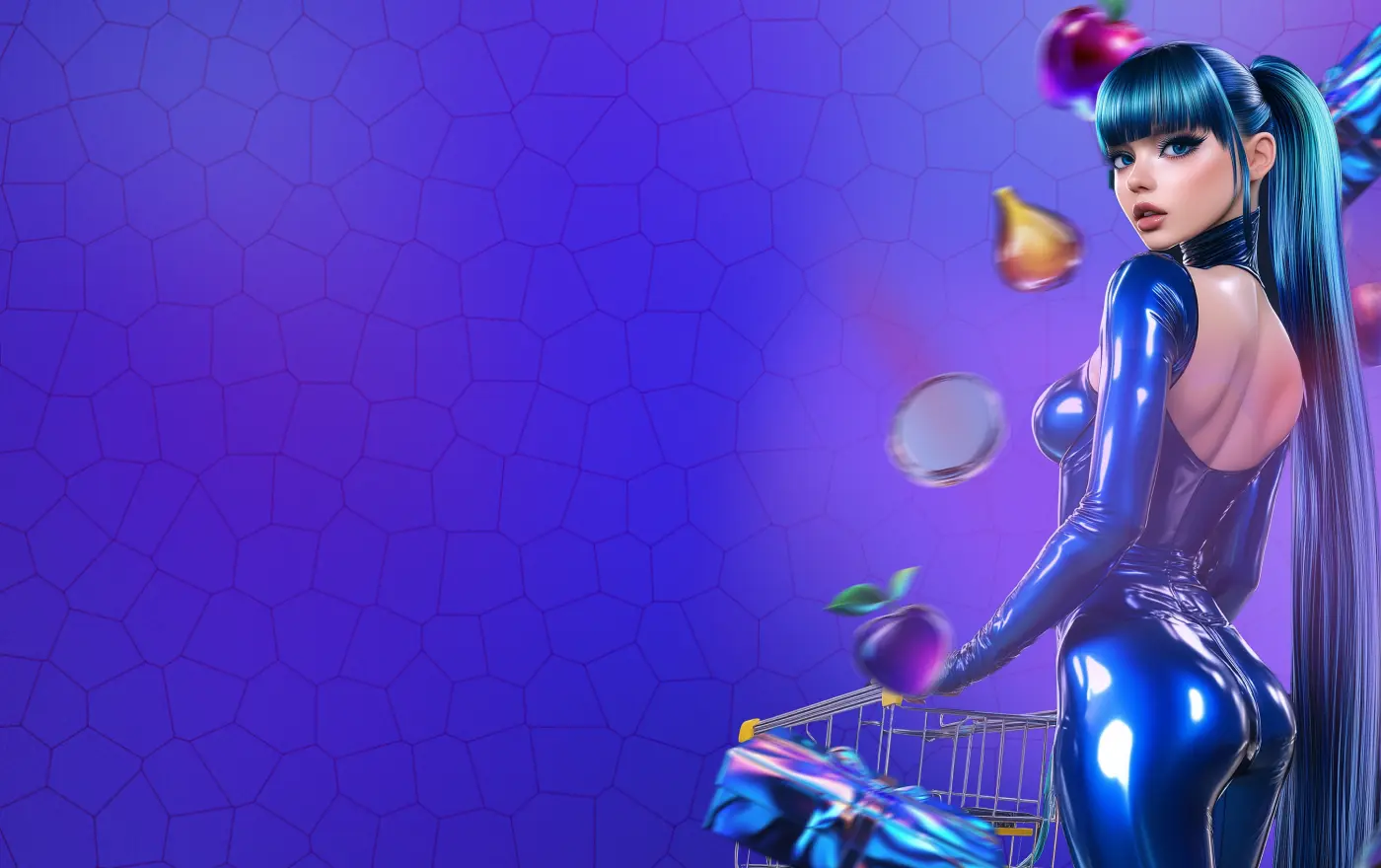 Стильная девушка в синем костюме с корзиной подарков на фиолетовом фоне